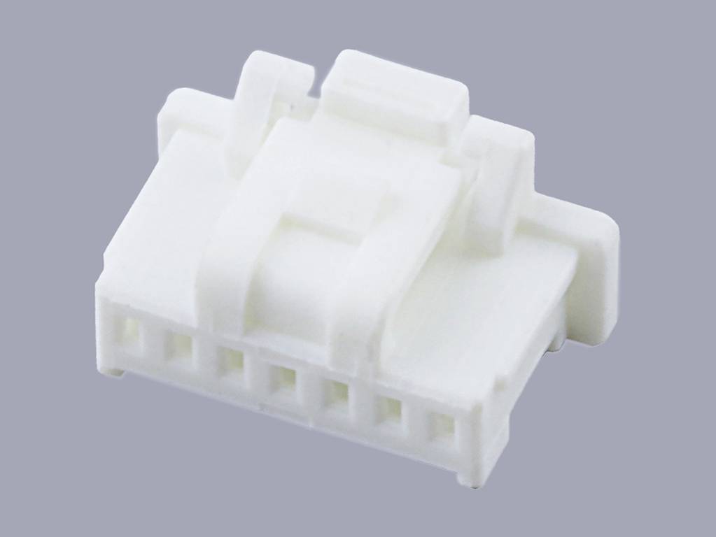 A white, multi-pin electrical connector on a grey background. Suitable for electronic devices and wiring.