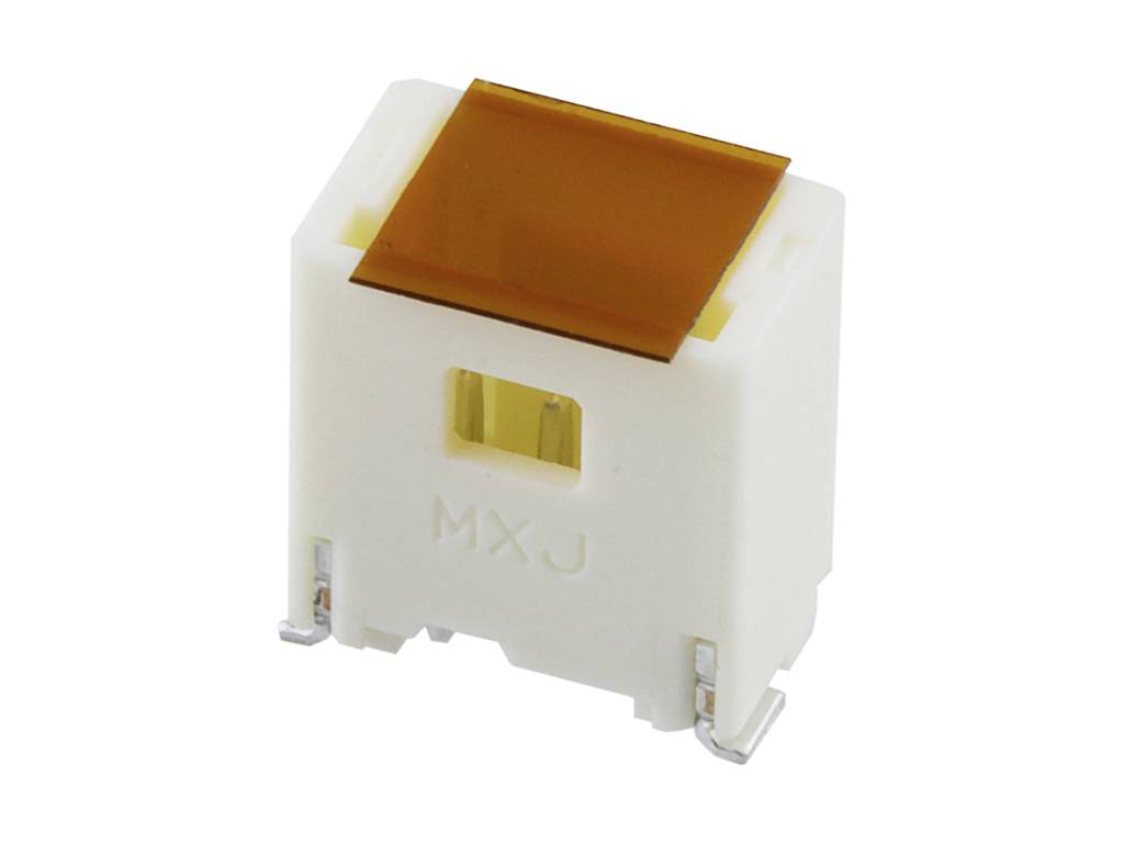 White electronic component with a rectangular brown element on top. The letters 'MXJ' are situated on this element.