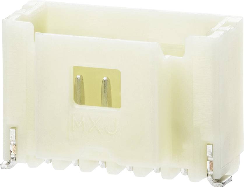 A white electrically insulated connector with two vertical metal contacts and the inscription 'MXJ' in the centre.