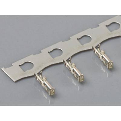 Connector pins on a metal strip used for electronic connections in circuit board assembly.