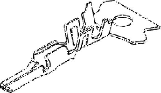 'Drawing of an electrical connector, consisting of a flat metal piece with shaped terminals and a circular hole.'