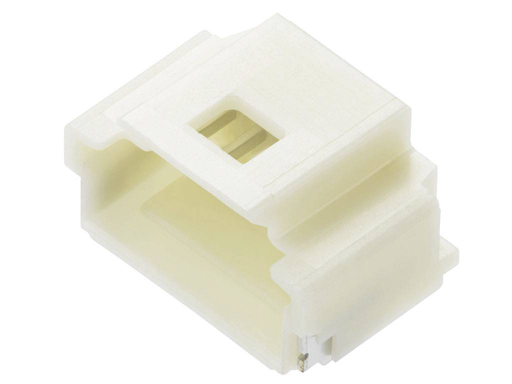 A rectangular, cream-coloured plastic plug with a square hole in the centre and a side opening.