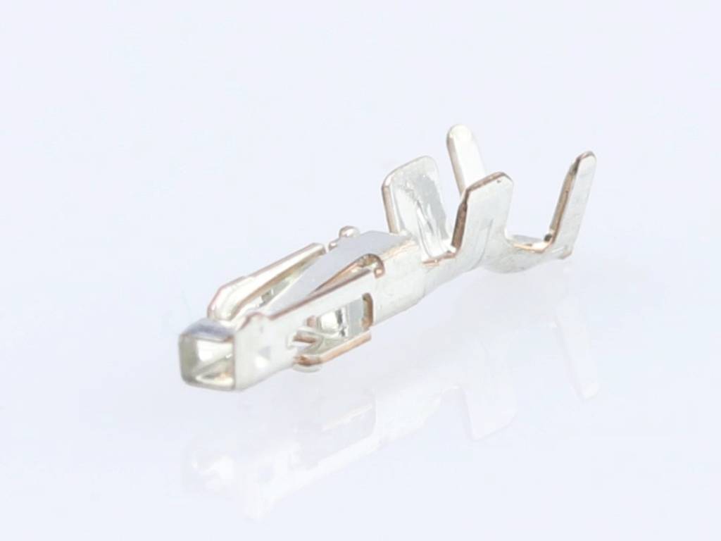 A metallic connector with hooks and clips, on a white background. Used for electrical connection.