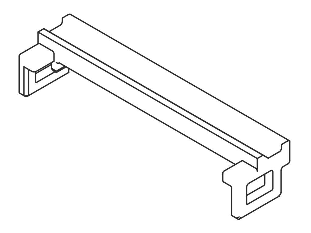 3D rendering of a metal fitting with two rectangular openings at the ends, suitable for attachment to furniture pieces.