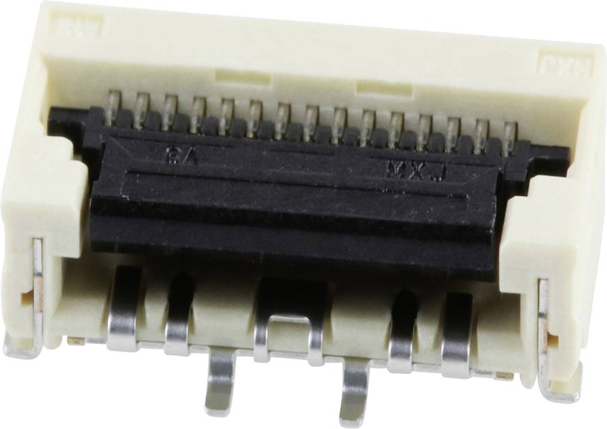 A close-up of a white connector with metallic pins and a black central section, suitable for electronic applications.