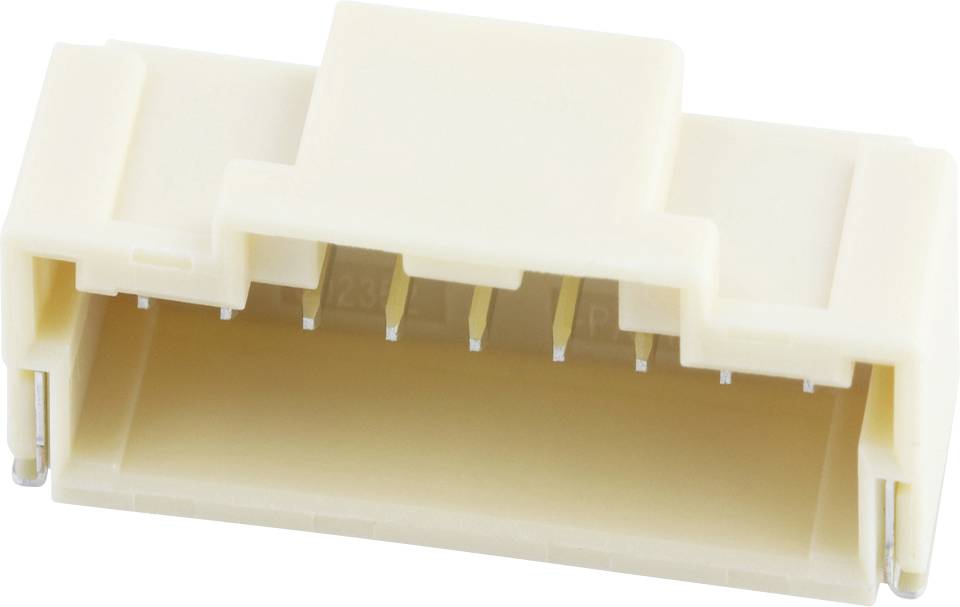 A white plastic connector with multiple metal pins, suitable for connecting electronic components.
