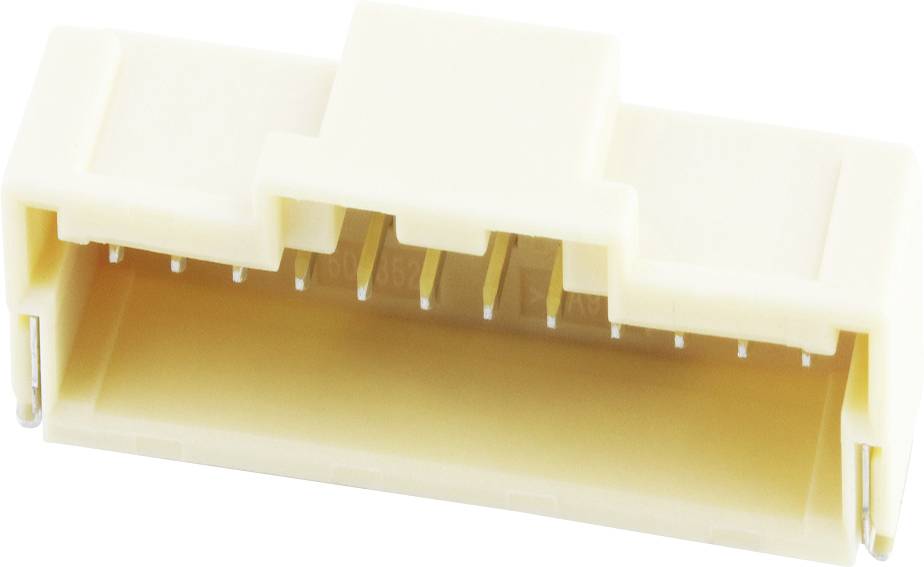 A beige electrical connector with multiple pins used for connecting electronic circuits.