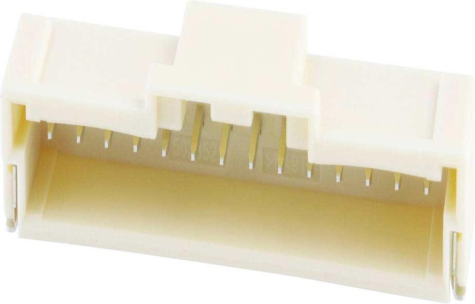 A white, rectangular electrical connector with multiple metallic contact pins, suitable for printed circuit board applications.
