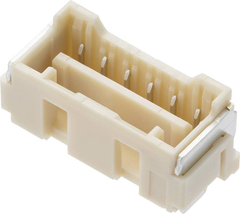 Small, beige plastic connector with multiple metal pins in a rectangular housing, used for electronic connections.