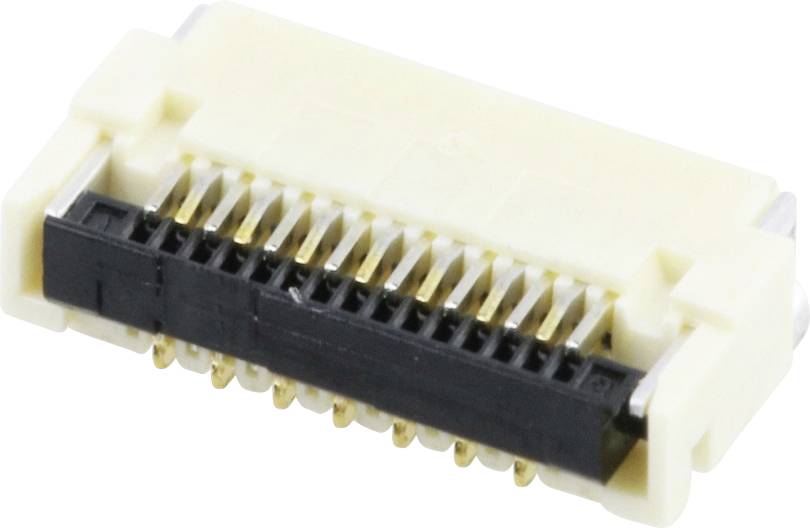 A white and black connector for a flat ribbon cable, close-up. Suitable for electronic devices and circuit boards.