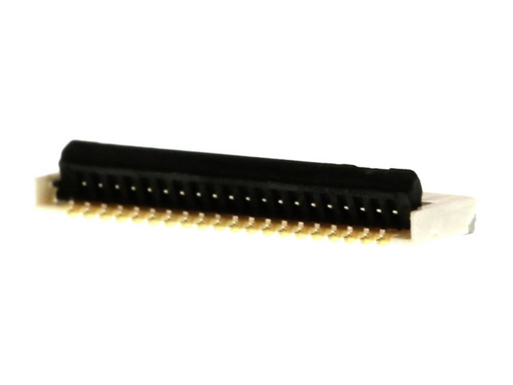 A flat, black electrical plug with numerous gold-coloured contacts, typically used for electronic connections.