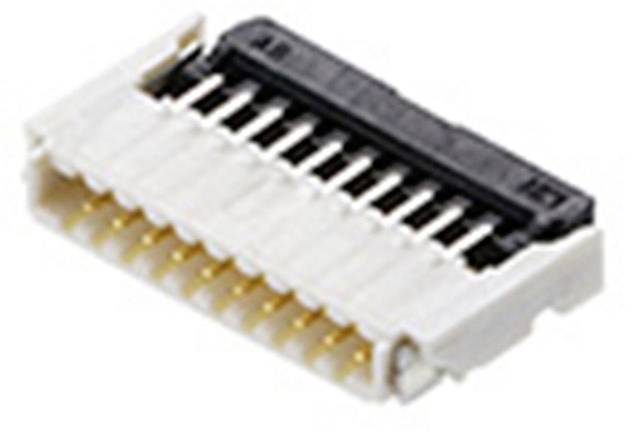 An electrical connector with multiple copper pins in a white, rectangular plastic housing. Suitable for printed circuit board connections.