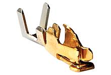 Close-up of a gold-coloured metal terminal contact. Primarily used in electrical connections for secure connection.