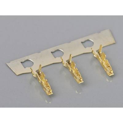 Three golden electrical connectors on a metallic carrier, against a grey background.