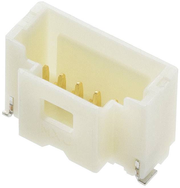 A white electrical connector with gold-plated contacts in a rectangular form. Suitable for PCB mounting.