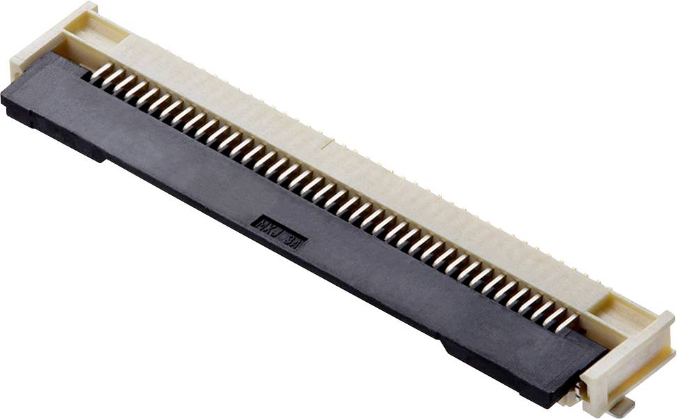 A horizontal electronic connector with multiple metal terminals, suitable for use in printed circuit board connections.