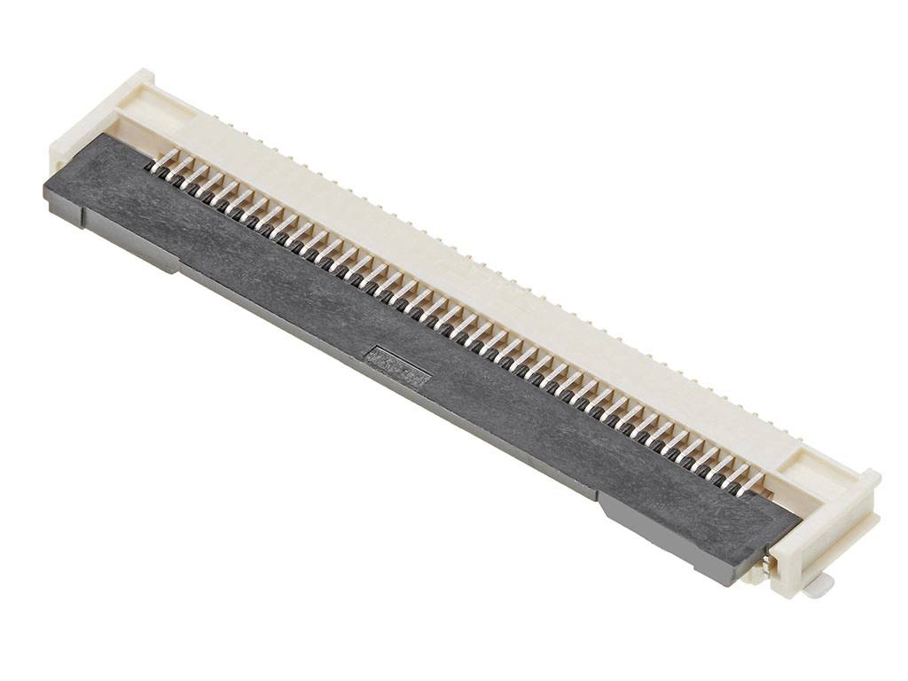 A rectangular electrical connector with many metal contacts in two rows, suitable for connecting printed circuit boards.