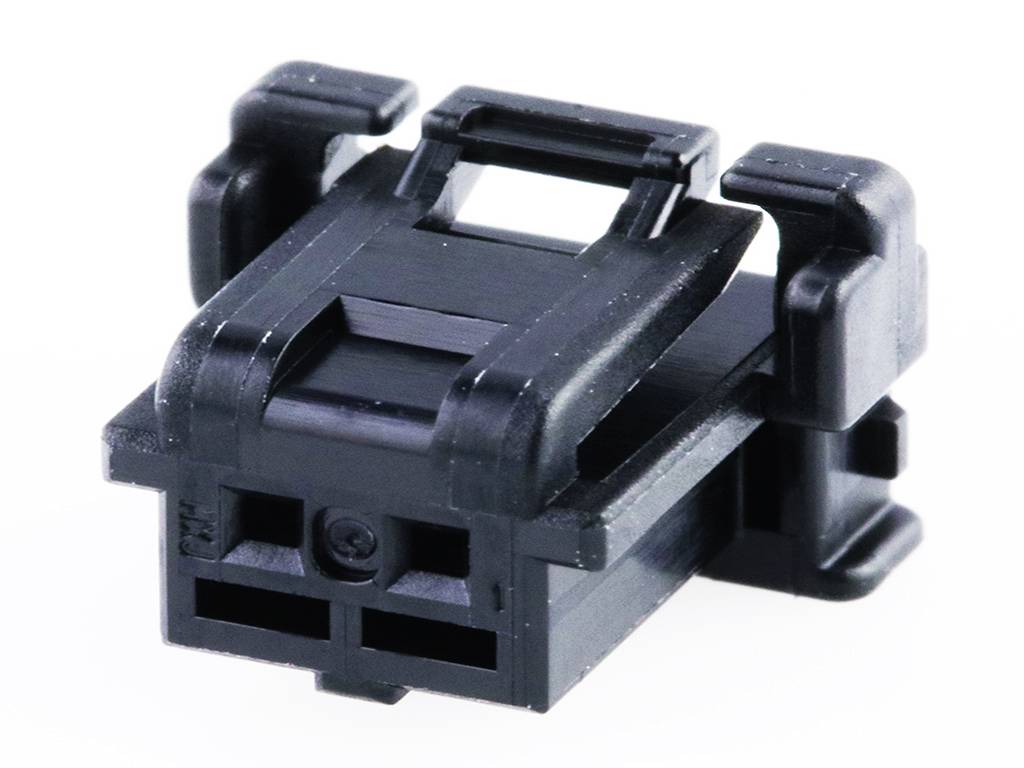 Black plastic plug with a rectangular shape, two parallel openings and side clips for securing in a device.