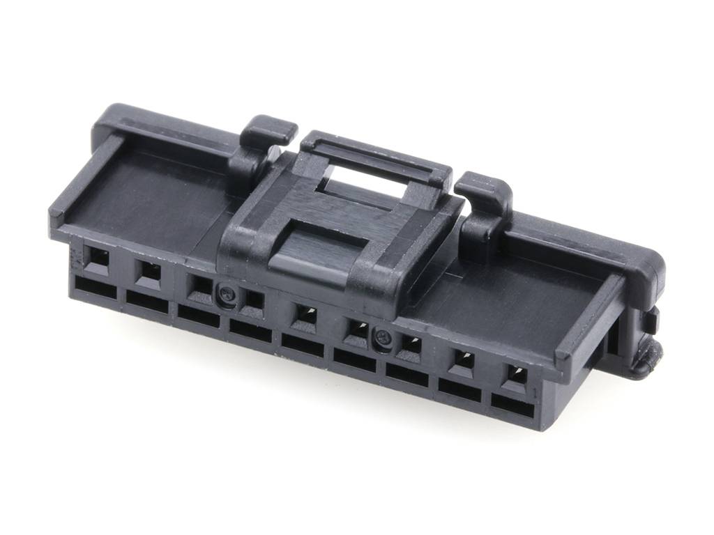 Black plastic plug with multiple sockets, suitable for electronic connections. Rectangular shape, with a pitch of ten contacts.