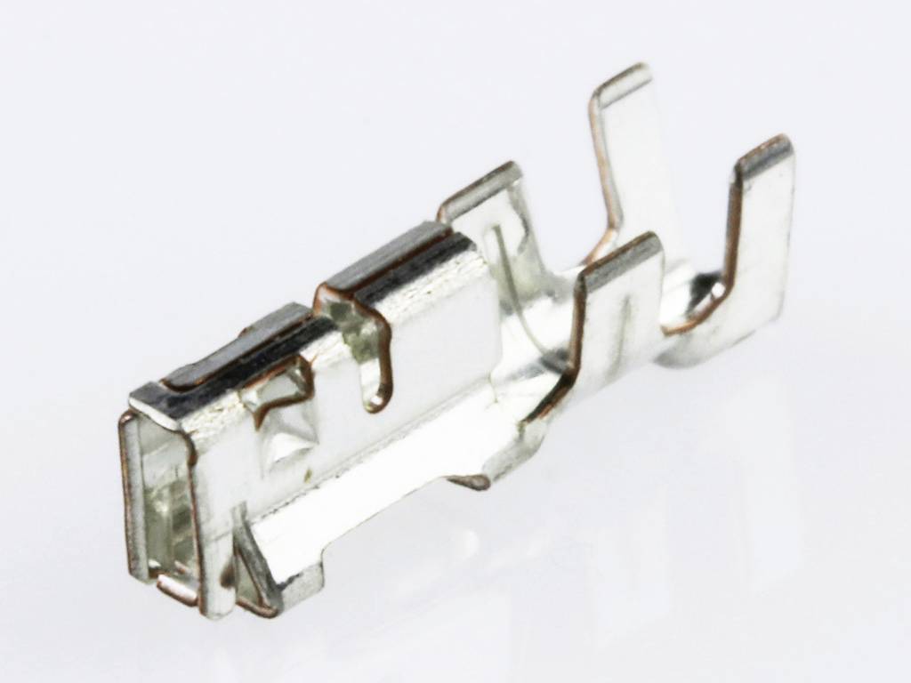 Metal clip contact with multiple holes and curved tabs, likely for electrical or electronic connections.