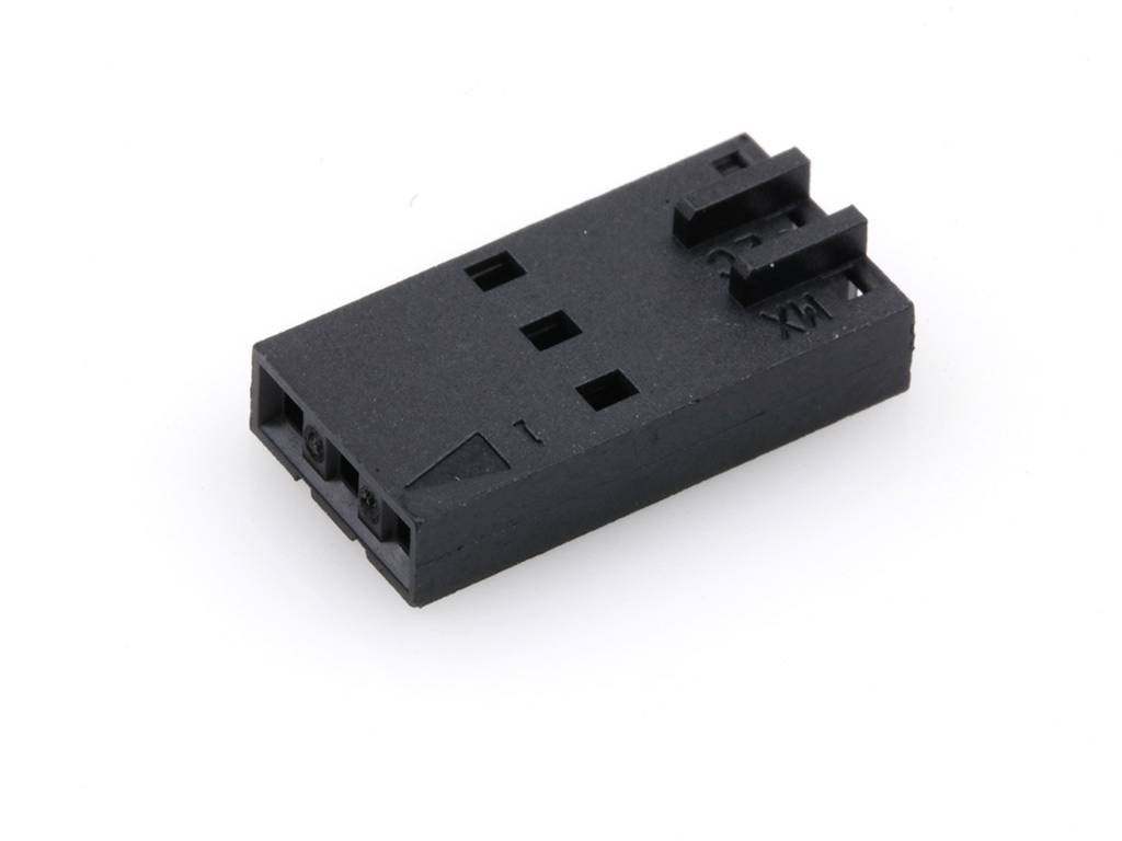 A three-pin black plastic connector with a rectangular shape. Suitable for electronic connections.