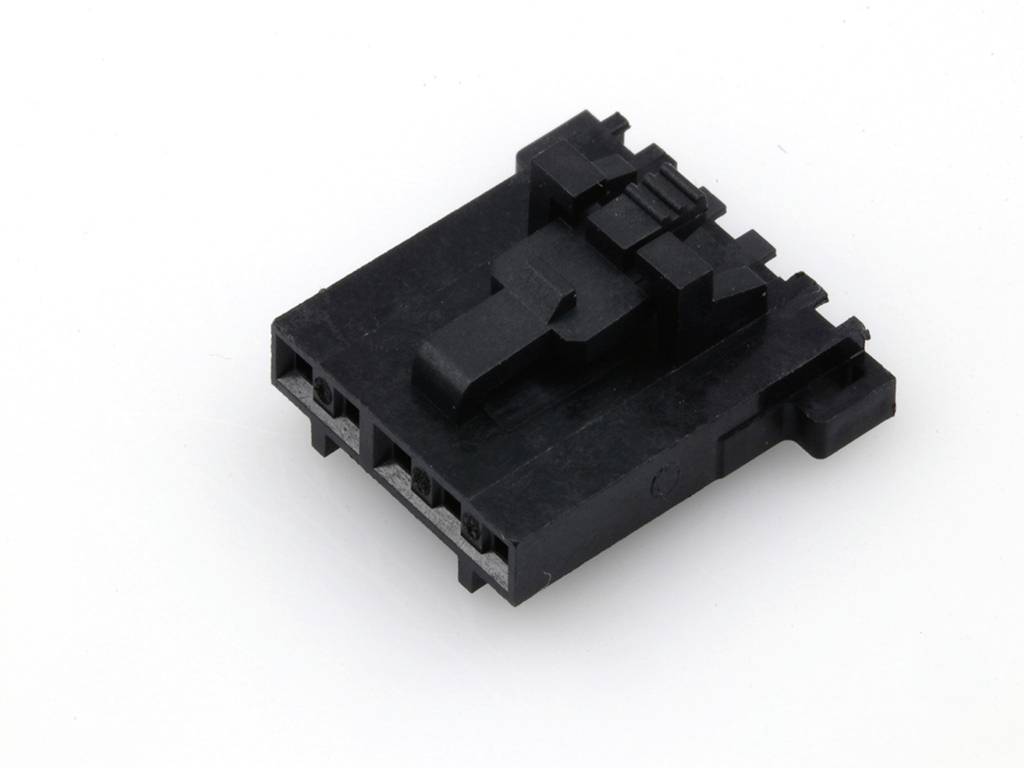 A black, four-pole plastic plug on a white background. The plug has a rectangular shape with a locking clip.