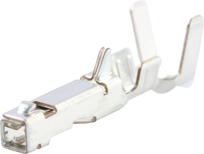Metallic electrical contact plug with a rectangular shape and protruding retention elements, suitable for cable connections.