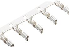 Row of metal contacts on a strip, used for electrical connections in technical applications.