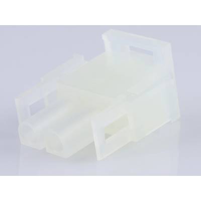 A white, transparent plastic plug with two round openings and rectangular mountings on top, against a light background.