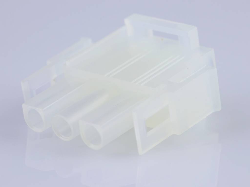 A white, transparent three-pin plug socket, positioned sideways against a light background.