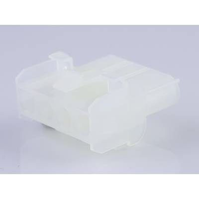 A white, transparent plastic component that resembles an electrical connector. It has openings and a flat, rectangular body.