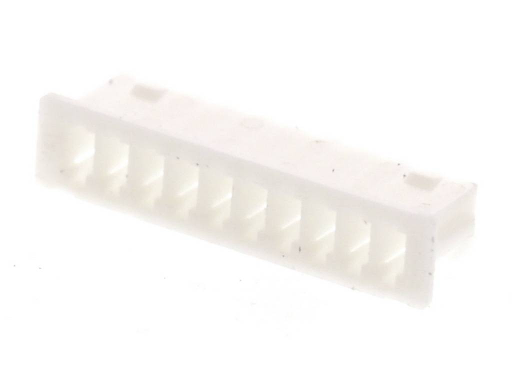 A white, rectangular connector with multiple connecting pins, used in electronic devices to connect cables or components.