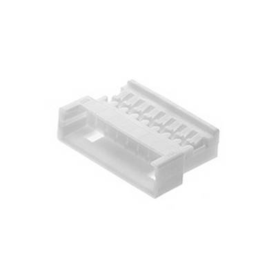 Plastic multi-pin connector, side view. Used in electronic devices for connecting components.