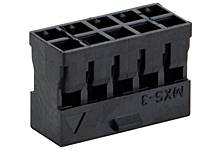 Black Molex connector socket with eight rectangular terminals. Ideal for electronic connections and wiring.