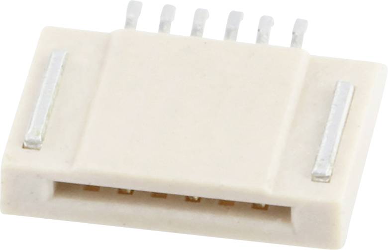 A white, rectangular electronic connector with multiple metallic contact pins on top.