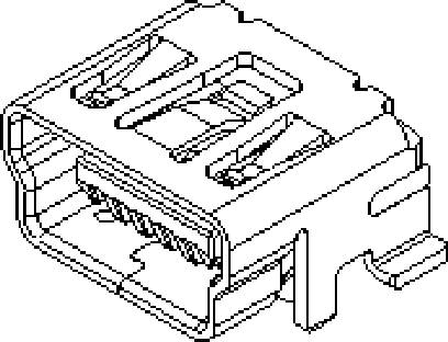 Black and white sketch of a USB connection, Type-A socket, viewed from the side. Shows plug connection tabs and internal contact pins.
