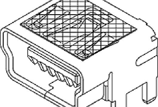 'Black and white technical drawing of an HDMI plug, top-down view showing visible contact pins and rectangular external shape.'