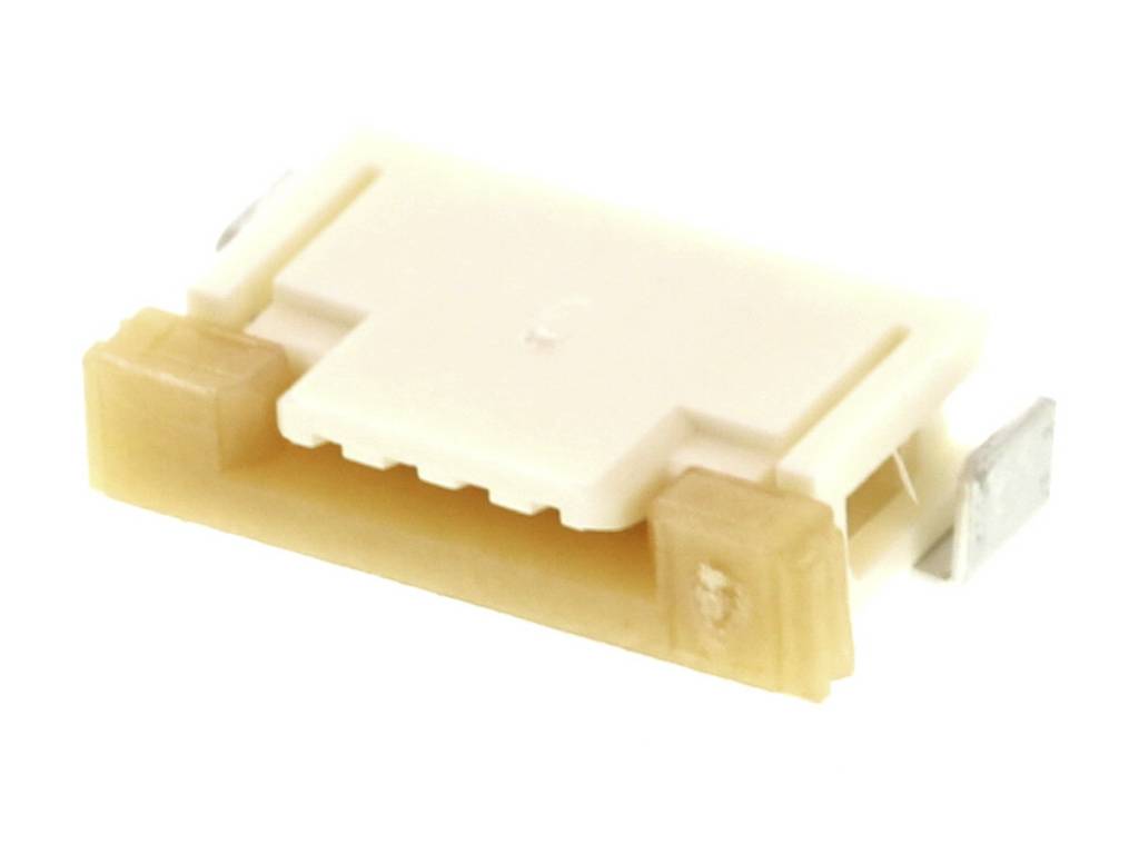 A small, rectangular, cream-coloured plastic connector with two metal contacts on the sides. Suitable for electronic connections.