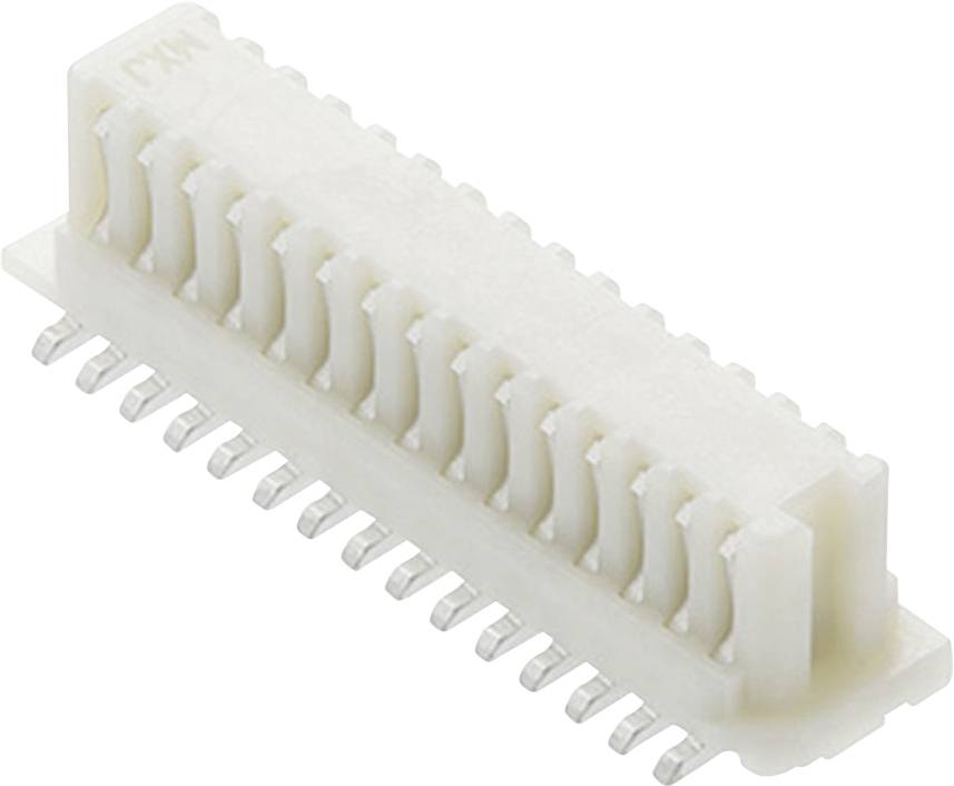 A white plastic connector with 20 metal contacts, arranged in two rows. Suitable for electronic applications.