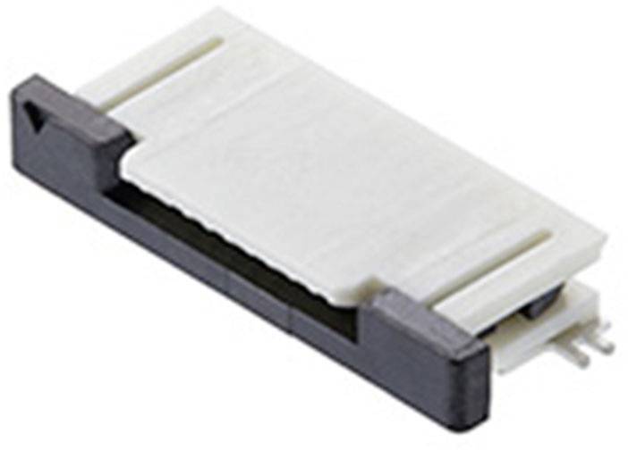 A small, rectangular electrical connector with a black base and white top, suitable for flat ribbon cables.