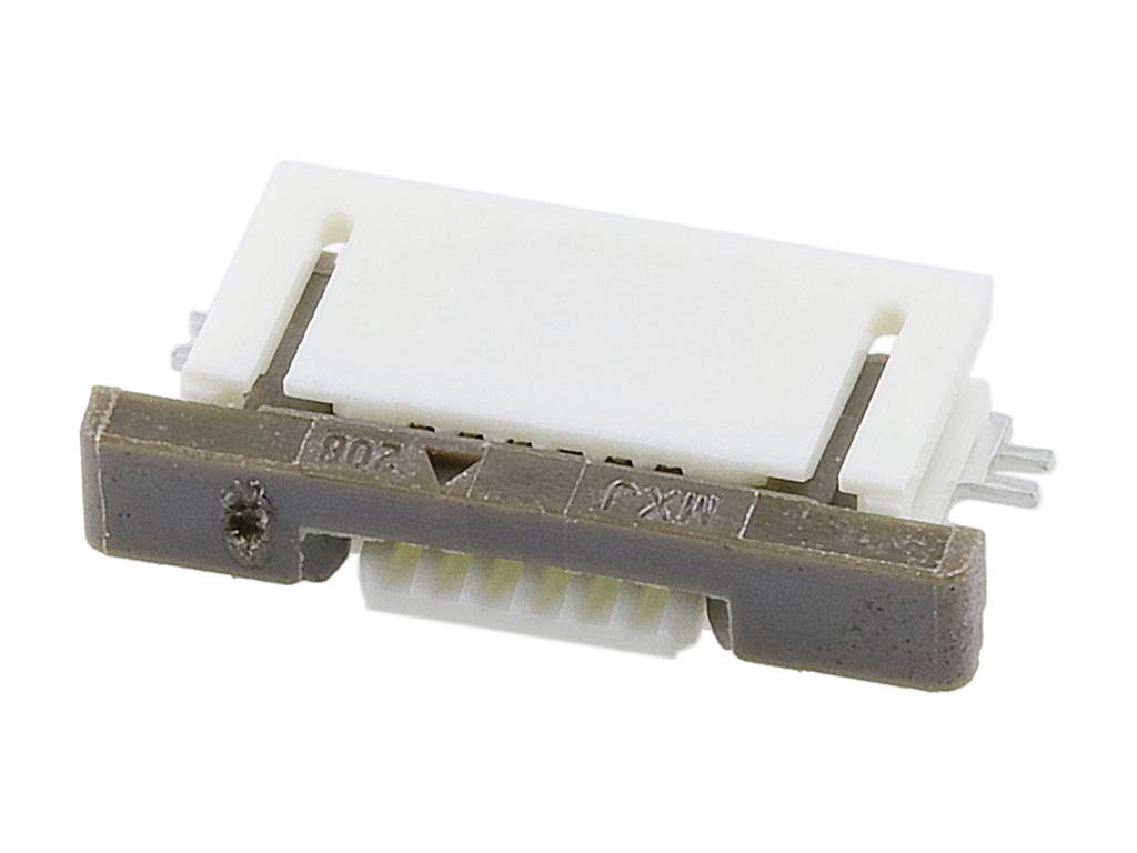 'Flat electronic sliding potentiometer with white and brown components, used in electronic circuits.'
