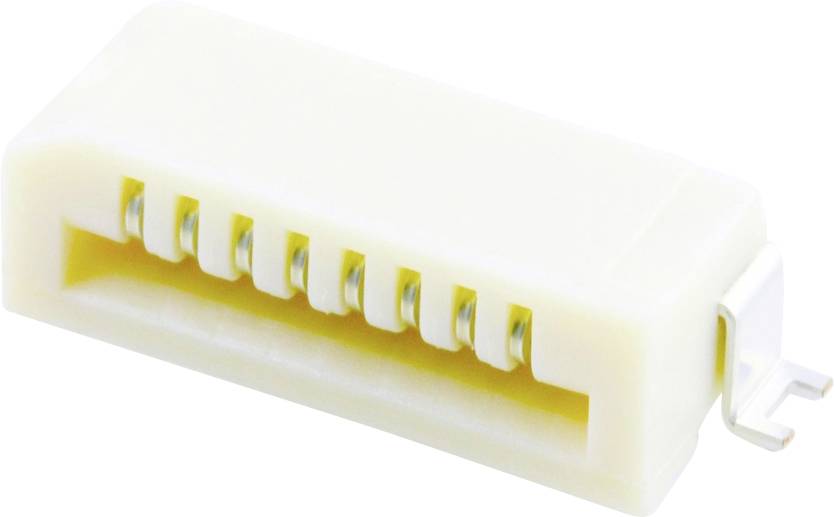 White connector socket with 8 metal wires, side mounting clip; used for electronic connections in devices.
