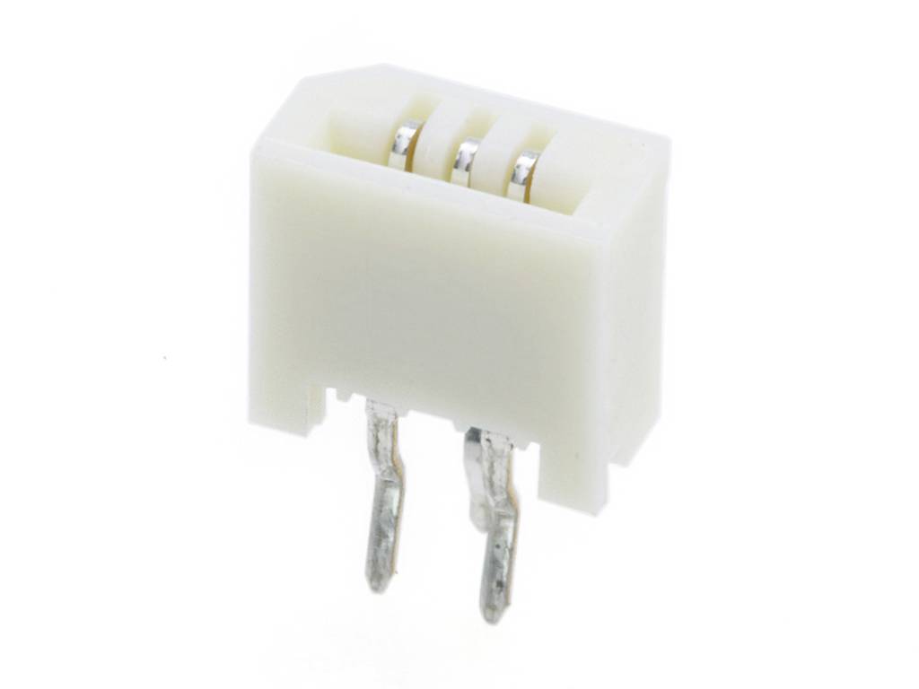 A white plastic connector with three metallic terminals and two pins protruding from the bottom.