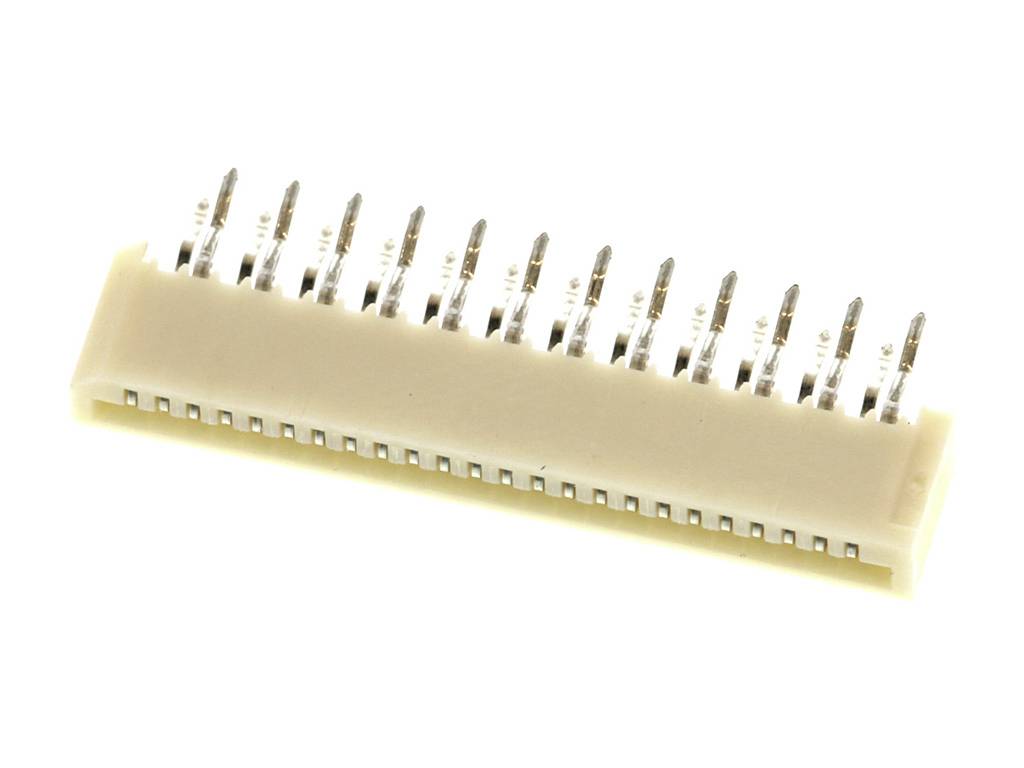 A rectangular electronic connector with 20 metal pins, used for connecting printed circuit boards.