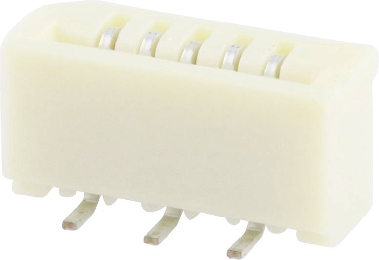 Plastic electrical connector with four metal pins, side view, used for electrical connections in devices.