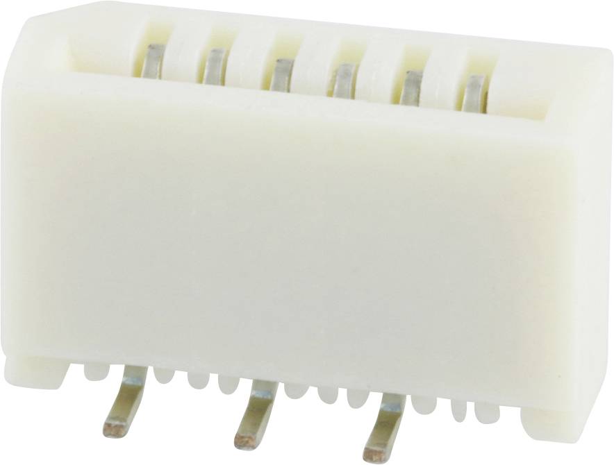 A rectangular, white electronic connector with multiple metal pins on the underside for electrical connections.