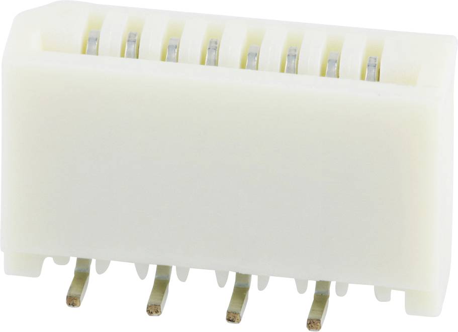 Plastic connector with six metal pins, rectangular and cream-coloured. Used for electronic connections.