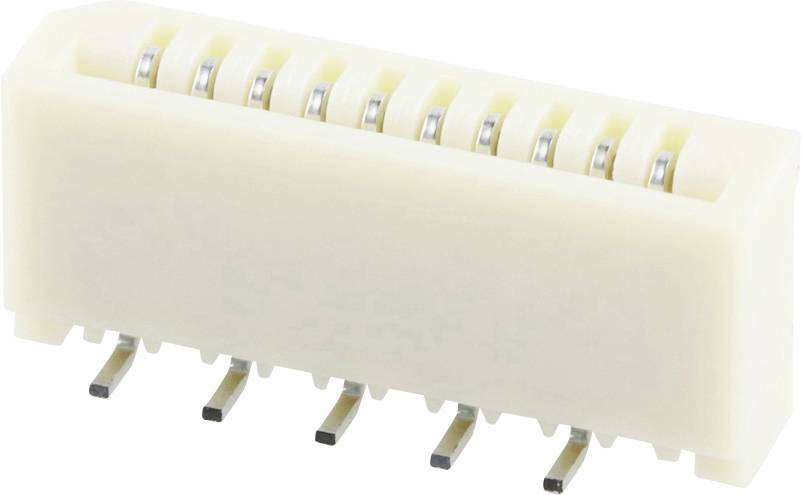 A white electrical connector with eight metal pins, suitable for connecting electronic components.