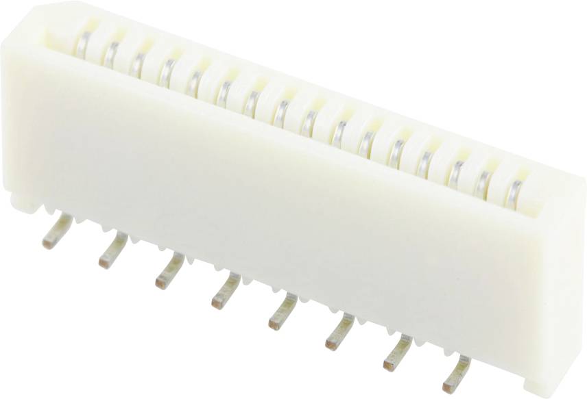 A rectangular, white electrical socket with multiple metal pins on one side. Used for electronic connections.