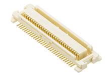 A white electronic plug with numerous gold-coloured pins arranged vertically. Suitable for printed circuit board connections.